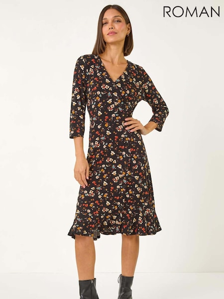 Roman Black Ditsy Floral Print Frill Short Dress (AP5795) | €63