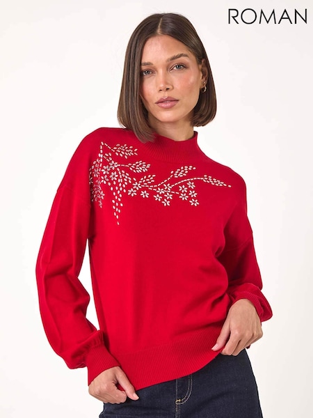 Roman Red Floral Print Hotfix Detail Knit Jumper (AP5797) | €56