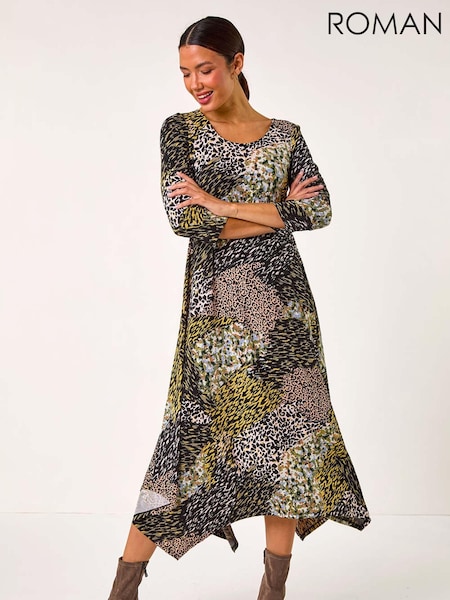 Roman Green Animal Print Hanky Hem Midi Dress (AP5799) | €63