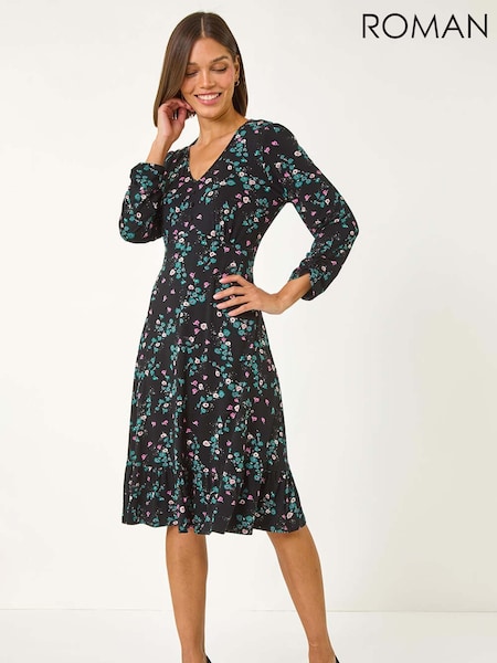 Roman Black Floral Print Button Tea Stretch Dress (AP5805) | R$ 580