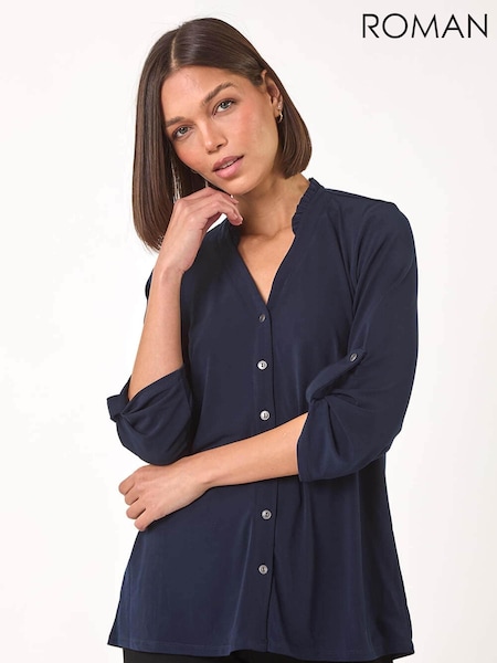 Roman Blue Frill Neck Jersey Blouse (AP5809) | $69