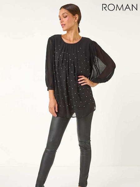 Roman Black Pleated Sleeve Hotfix Detail Top (AP5826) | $96