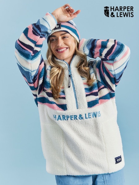 Harper & Lewis Cream Leyna Retro Pattern Quarter Zip Sherpa Fleece (AP5829) | €99