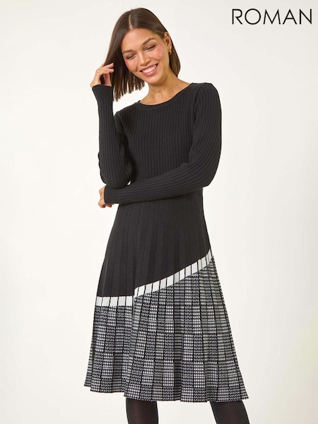 Roman Black Pleated Border Ribbed Knit Dress (AP5836) | R$ 700