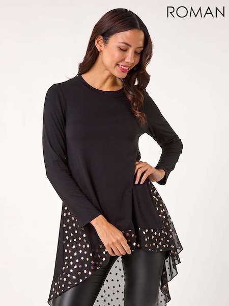 Roman Foil Spot Print Chiffon Hem Top (AP5841) | €53