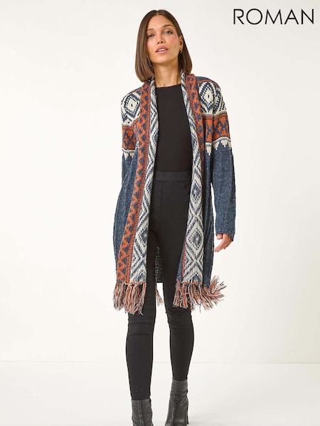 Roman Blue Geo Patterned Longline Fringe Cardigan (AP5843) | 3,304 UAH