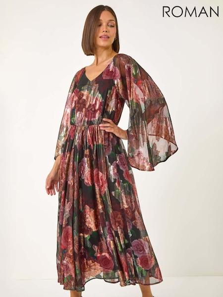 Roman Black Floral Print Shimmer Midi Dress (AP5846) | R$ 970