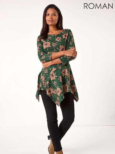 Roman Green Floral Print Hanky Hem Stretch Top (AP5849) | €31