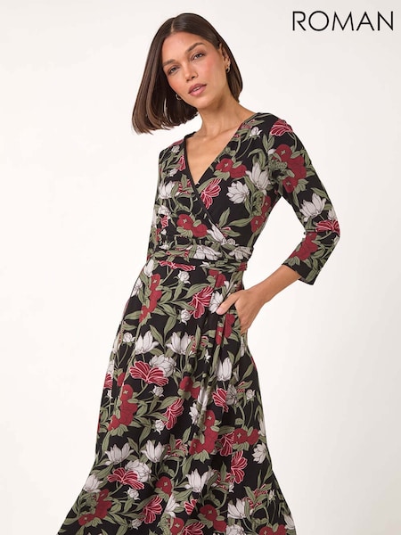Roman Green Floral Print Wrap Front Midi Dress (AP5850) | €73