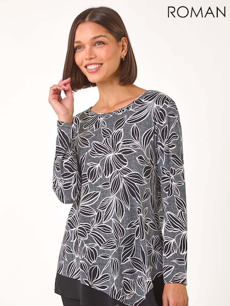 Roman Floral Print Puff Print Chiffon Hem Top (AP5853) | €48