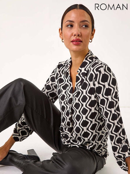Roman Mono Chain Print V-Neck Stretch Top (AP5856) | €56