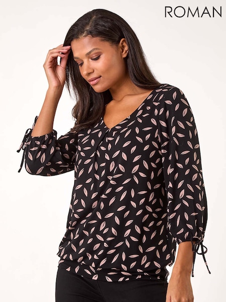 Roman Black Leaf Print Banded Stretch Top (AP5865) | R$ 435