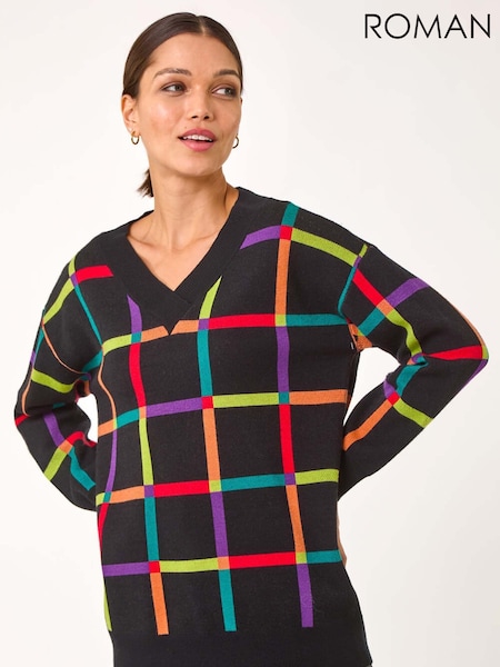 Roman Black Grid Patten V-Neck Knit Jumper (AP5871) | AED349