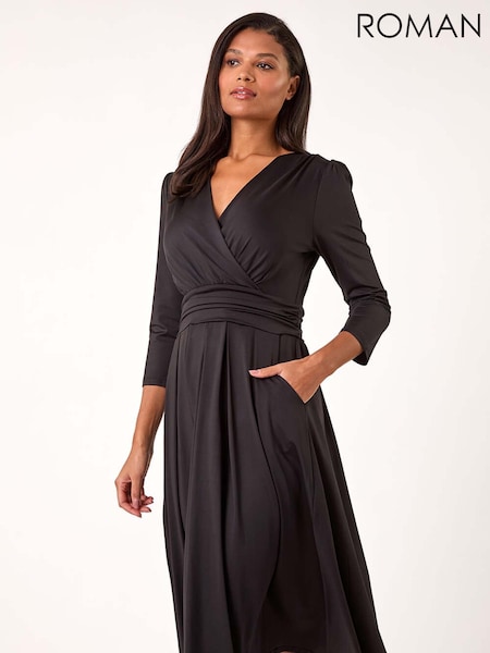 Roman Black Mock Wrap V-Neck Stretch Midi Dress (AP5873) | € 59