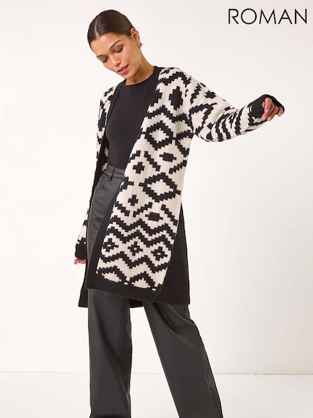 Roman Black Mono Geometric Pattern Knit Cardigan (AP5876) | R$ 605