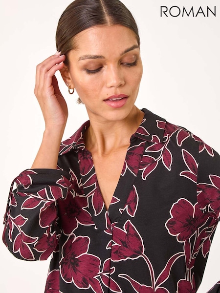 Roman Purple Floral Print V-Neck Collar Top (AP5877) | AED306