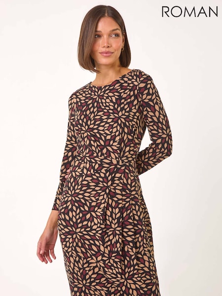 Roman Brown Leaf Print Side Twist Stretch Midi Dress (AP5883) | 340 QAR