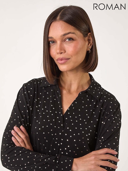 Roman Black Heart Print Foil Collar Stretch Top (AP5889) | 238 QAR