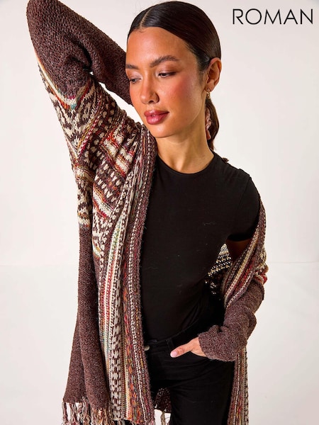 Roman Brown Patterned Fringe Hem Cardigan (AP5890) | €69