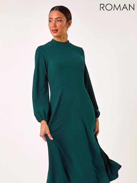 Roman Green High Neck Fit and Flare Stretch Dress (AP5892) | €58