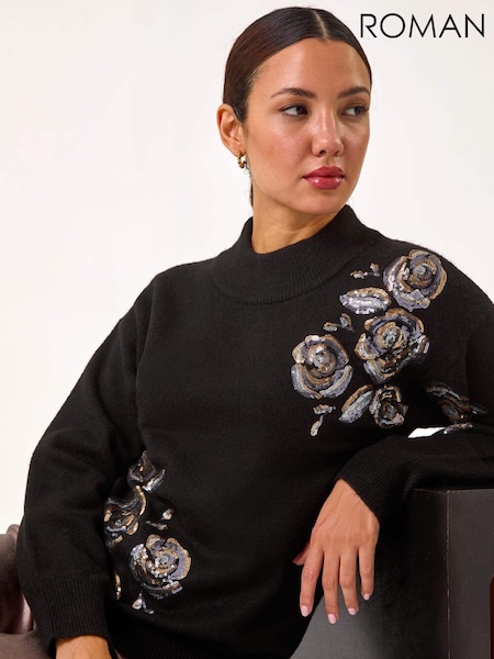 Roman Black Floral Print Sequin Knit Jumper (AP5896) | €60
