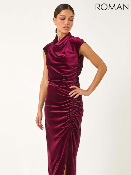 Roman Red High Neck Velvet Midi Dress (AP5900) | $118