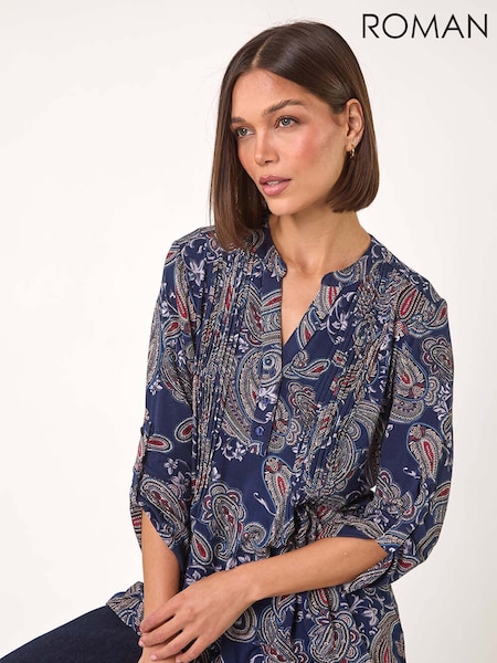 Roman Blue Paisley Print Pintuck Stretch Shirt (AP5901) | €53