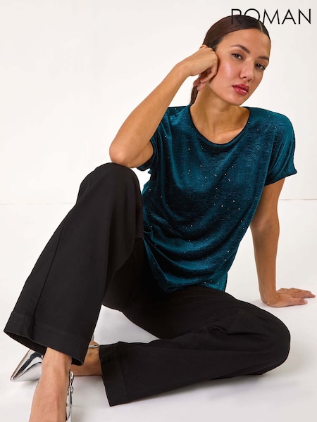 Roman Green Glitter Velvet Stretch Top (AP5904) | €51