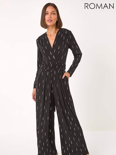 Roman Black Foil Print V-Neck Stretch Jumpsuit (AP5905) | 322 QAR