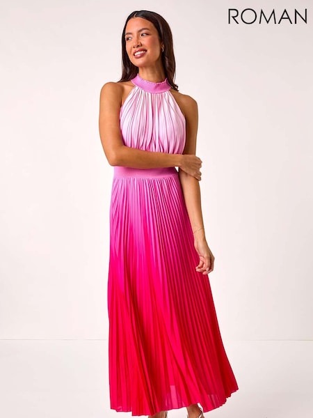 Roman Pink Ombre Halter Neck Pleated Maxi Dress (AP5906) | 346 QAR