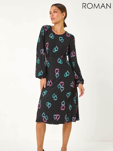 Roman Black Heart Print Tea Stretch Midi Dress (AP5909) | €64