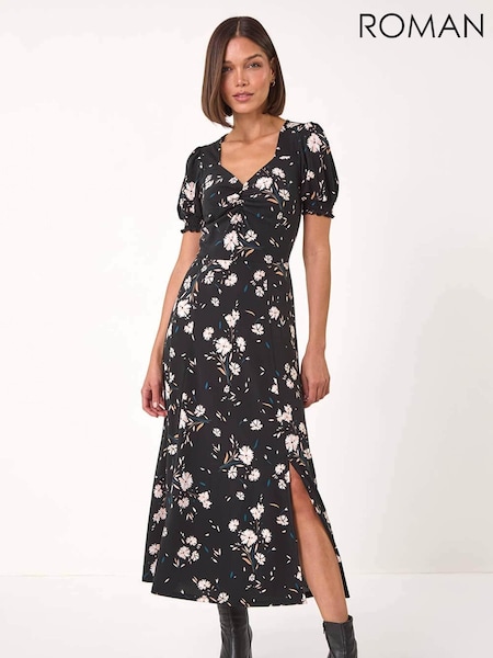Roman Black Floral Sweetheart Neck Dress (AP5910) | 154 QAR