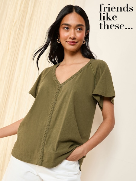 Friends Like These Khaki Green Short Sleeve Plait Trim Tunic (AP5913) | ₪136