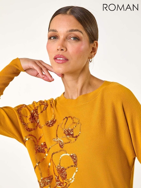 Roman Yellow Sequin Floral Print Knit Jumper (AP5918) | €60
