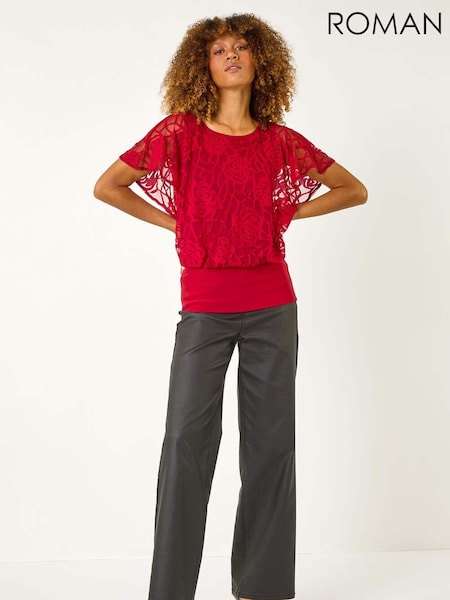 Roman Red Rose Burnout Bubble Hem Top (AP5919) | 208 QAR