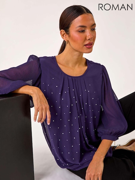 Roman Pleated Sleeve Hotfix Detail Top (AP5922) | €60
