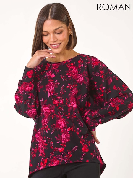 Roman Pink Rose Floral Print Stretch Hem Top (AP5923) | €45