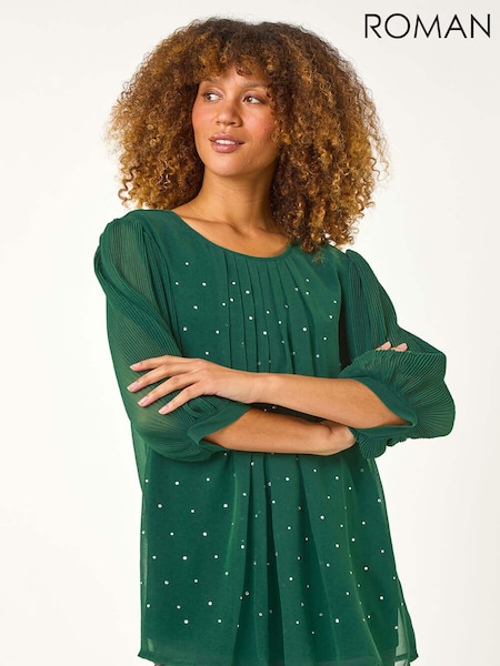 Roman Pleated Sleeve Hotfix Detail Top (AP5925) | ‏283‏₪