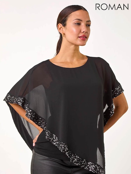 Roman Black Sequin Hem Overlay Stretch Top (AP5932) | €58