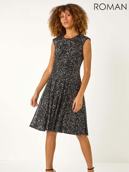 Roman Black Sequin Twist Front Stretch Dress (AP5933) | R$ 845