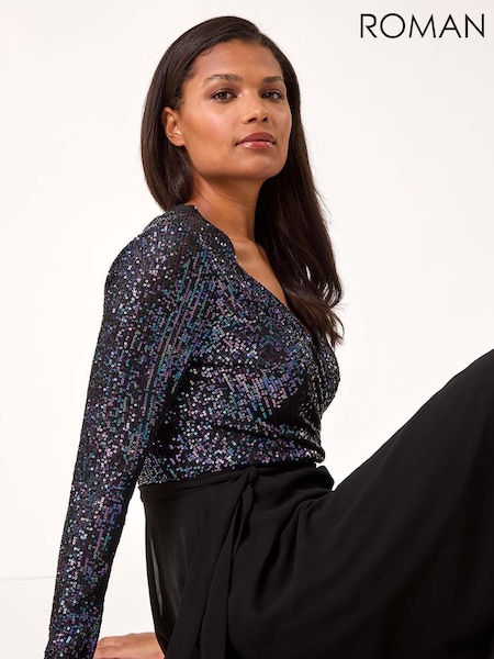 Roman Purple Sequin V-Neck Stretch Wrap Midi Dress (AP5940) | €93