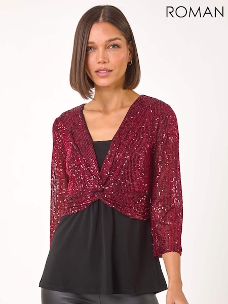 Roman Red Sequin Bodice V-Neck Stretch Top (AP5941) | €58