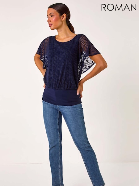 Roman Blue Printed Burnout Bubble Hem Top (AP5954) | 2,523 UAH