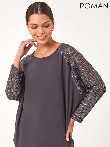 Roman Grey Sequin Sleeve Tunic Stretch Top (AP5955) | €58