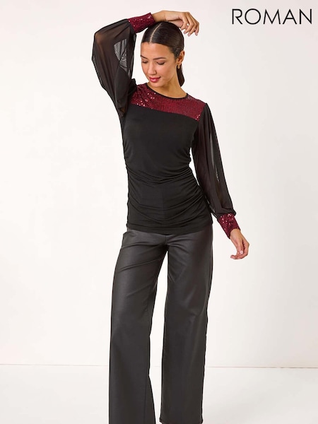 Roman Red Sequin Yoke Mesh Sleeve Top (AP5958) | €60