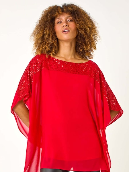Roman Red Sequin Yoke Contrast Chiffon Top (AP5968) | €63