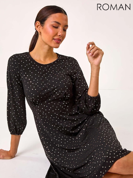 Roman Black Shimmer Foil Print Dress (AP5973) | R$ 665