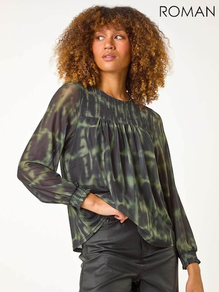 Roman Green Shirred Yoke Print Mesh Top (AP5976) | 208 QAR