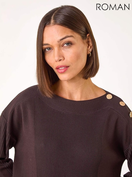 Roman Brown Slash Neck Button Detail Knit Jumper (AP6004) | 260 QAR
