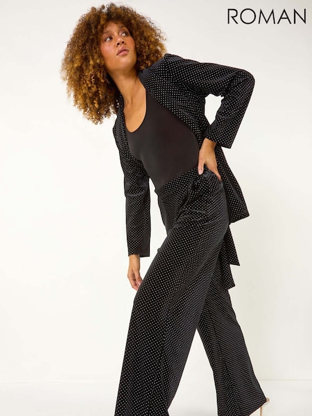 Roman Black Velvet Stud Detail Wide Leg Stretch Trousers (AP6005) | 14,920 ISK